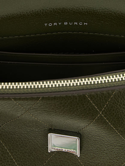 Mini Flap Handbag by Tory Burch for women in cowhide leather bicolour, green & signature features a contemporary silhouette, showcasing a secure flap, zipper & magnetic, ample , and contemporary shoulder-strap & handle for a sophisticated look.