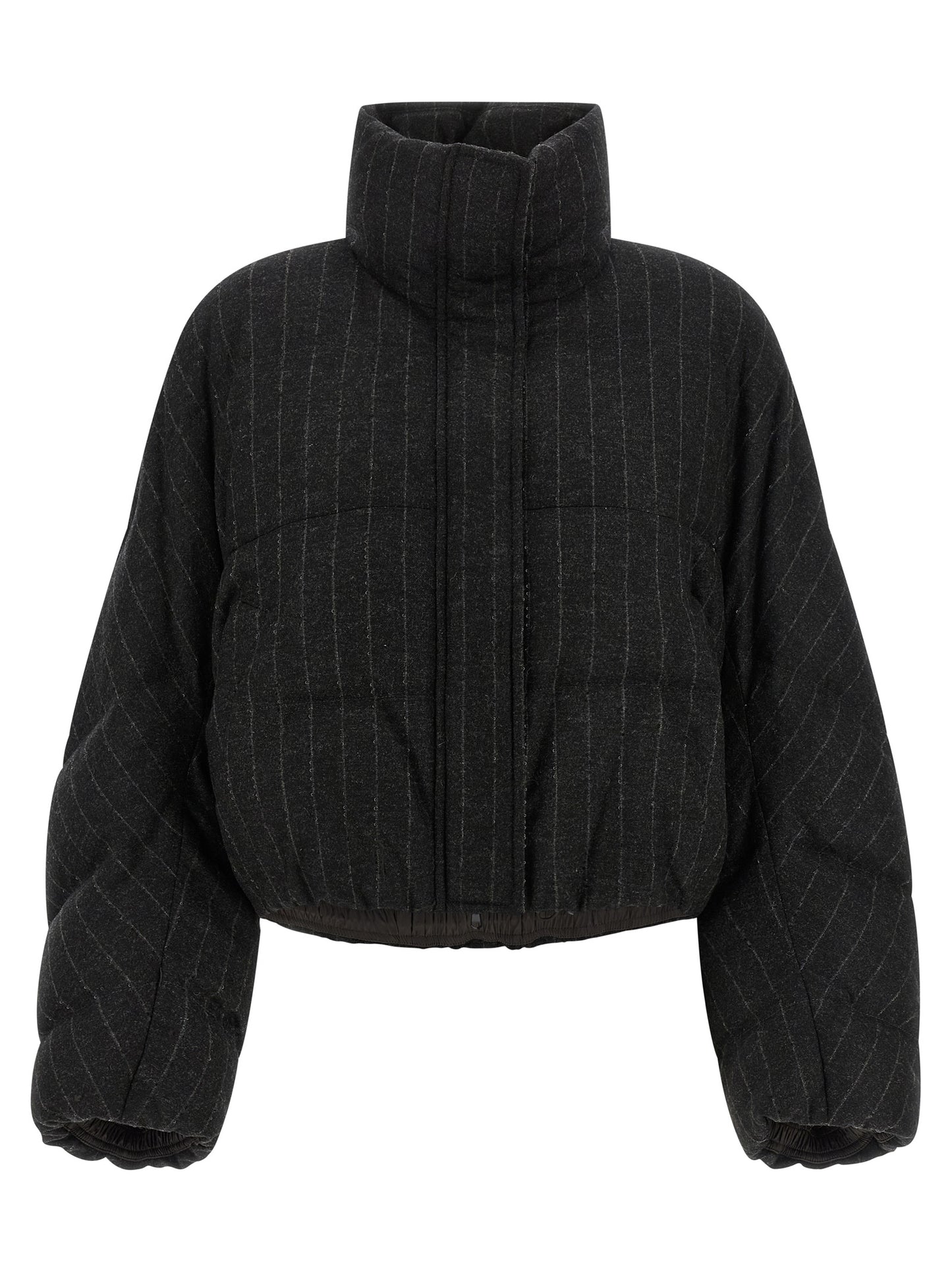 Puffer Jacket by Brunello Cucinelli for women in virgin cashmere wool viscose & sequins gray, patterned & pinstripe features an contemporary silhouette, showcasing a sophisticated and contemporary insulated for a truly refined look.