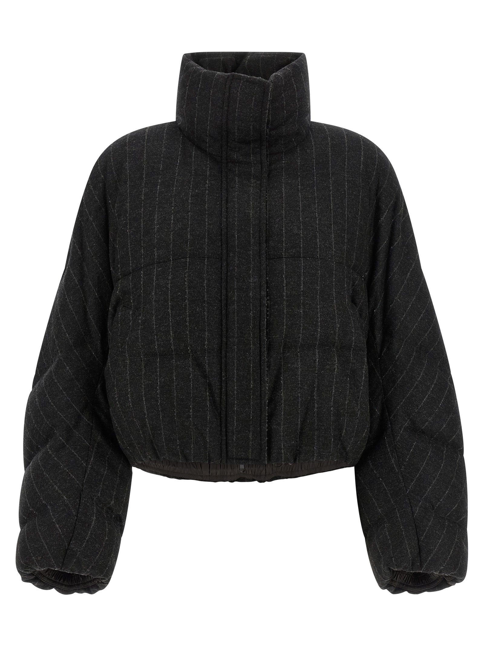 Puffer Jacket by Brunello Cucinelli for women in virgin cashmere wool viscose & sequins gray, patterned & pinstripe features an contemporary silhouette, showcasing a sophisticated and contemporary insulated for a truly refined look.