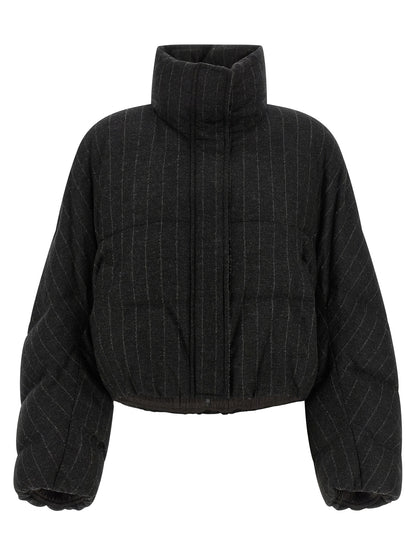 Puffer Jacket by Brunello Cucinelli for women in virgin cashmere wool viscose & sequins gray, patterned & pinstripe features an contemporary silhouette, showcasing a sophisticated and contemporary insulated for a truly refined look.