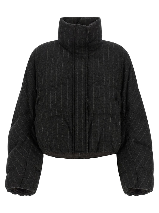 Brunello Cucinelli Women's Crop Top Down Virgin Cashmere Wool Viscose & Sequins Puffer Jacket - Gray Patterned Pinstripe