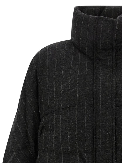 Puffer Jacket by Brunello Cucinelli for women in virgin cashmere wool viscose & sequins gray, patterned & pinstripe presents a effortlessly chic silhouette, showcasing a sophisticated and premium insulated for a truly effortlessly chic finish.