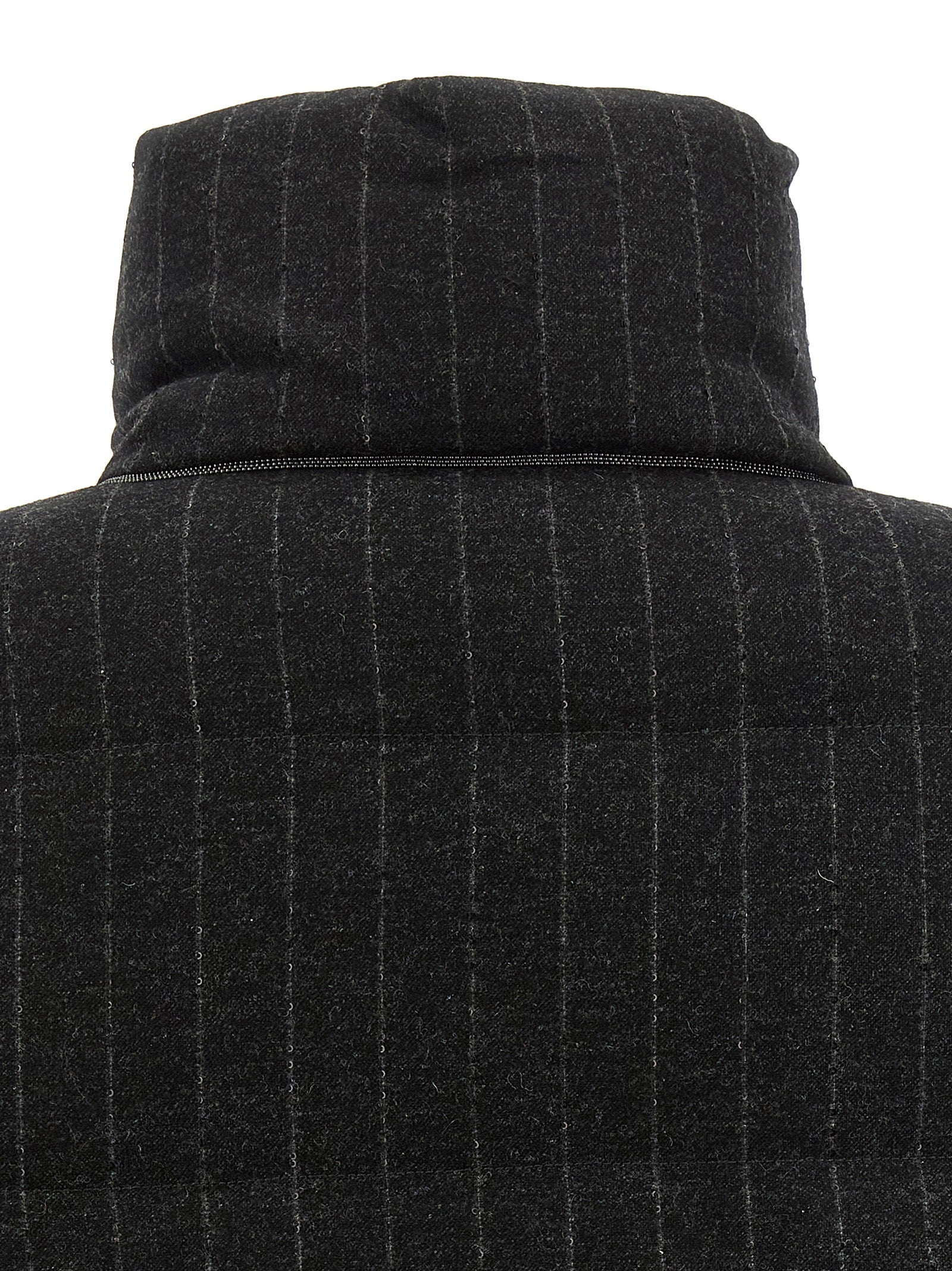Puffer Jacket by Brunello Cucinelli for women in virgin cashmere wool viscose & sequins gray, patterned & pinstripe features an contemporary silhouette, showcasing a sophisticated and contemporary insulated for a truly refined look.