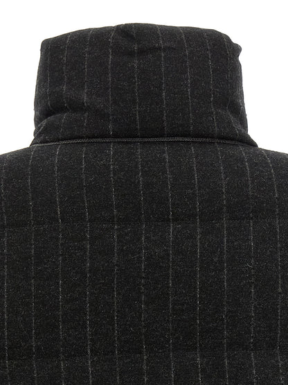Puffer Jacket by Brunello Cucinelli for women in virgin cashmere wool viscose & sequins gray, patterned & pinstripe features an contemporary silhouette, showcasing a sophisticated and contemporary insulated for a truly refined look.