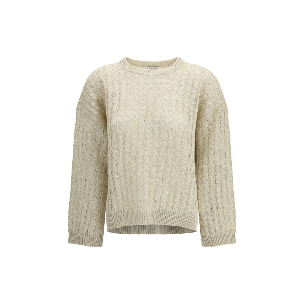 Sweatshirt by Brunello Cucinelli for women in linen nylon & sequins beige features an provocated silhouette, detailed with a provocated and a refined crew neckline for a sophisticated aesthetic.