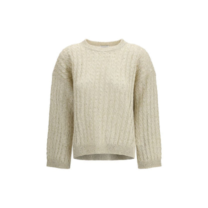 Sweatshirt by Brunello Cucinelli for women in linen nylon & sequins beige features an provocated silhouette, detailed with a provocated and a refined crew neckline for a sophisticated aesthetic.