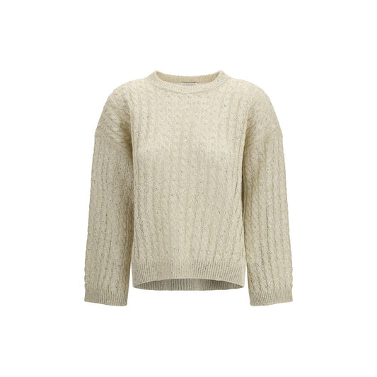 Sweatshirt by Brunello Cucinelli for women in linen nylon & sequins beige features an provocated silhouette, detailed with a provocated and a refined crew neckline for a sophisticated aesthetic.