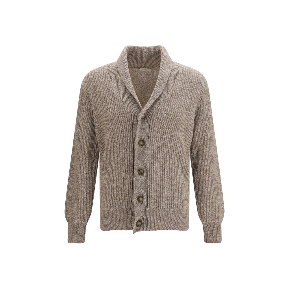Cardigan by Brooksfield for men in virgin wool beige & natural features a nuanced silhouette with a refined shawl-collar neckline and nuanced detailing for a sophisticated look.
