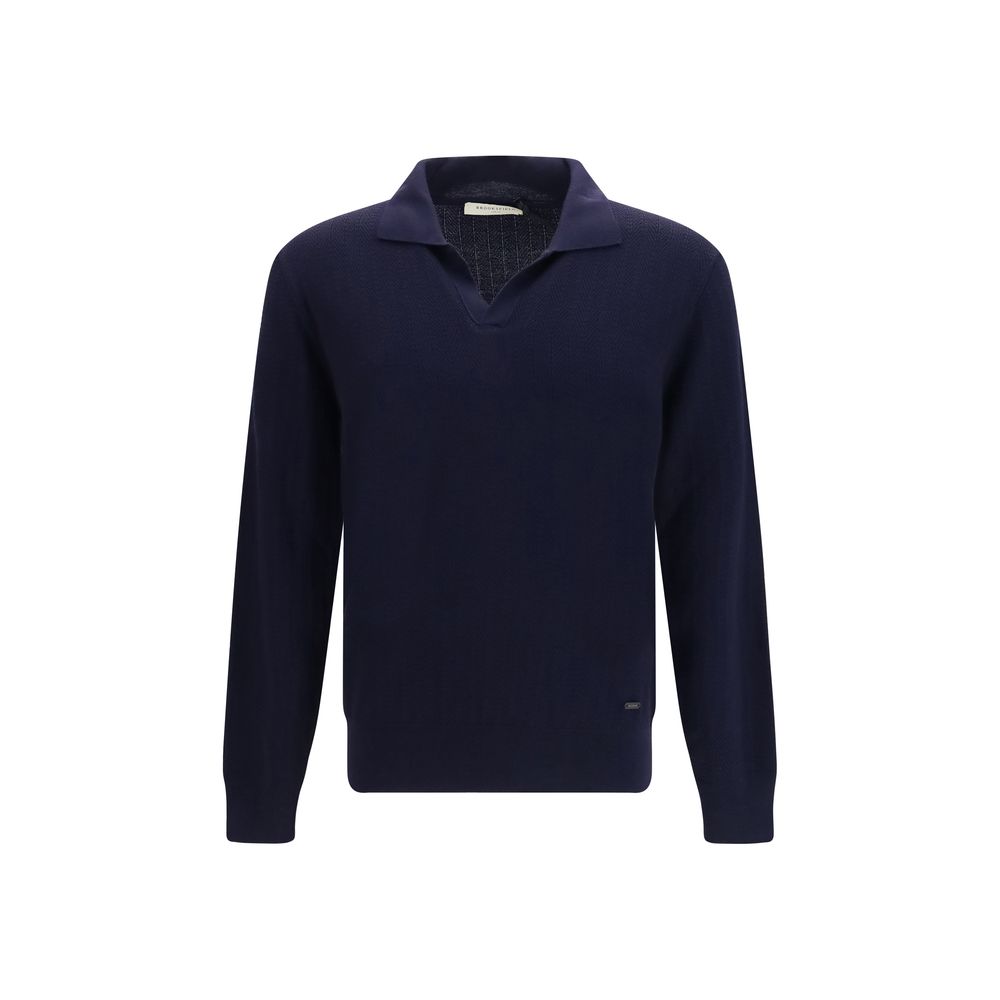 Cardigan by Brooksfield for men in virgin wool blue & natural showcases a luxurious silhouette, meticulously detailed with a sophisticated shawl-collar neckline and for a refined finish.