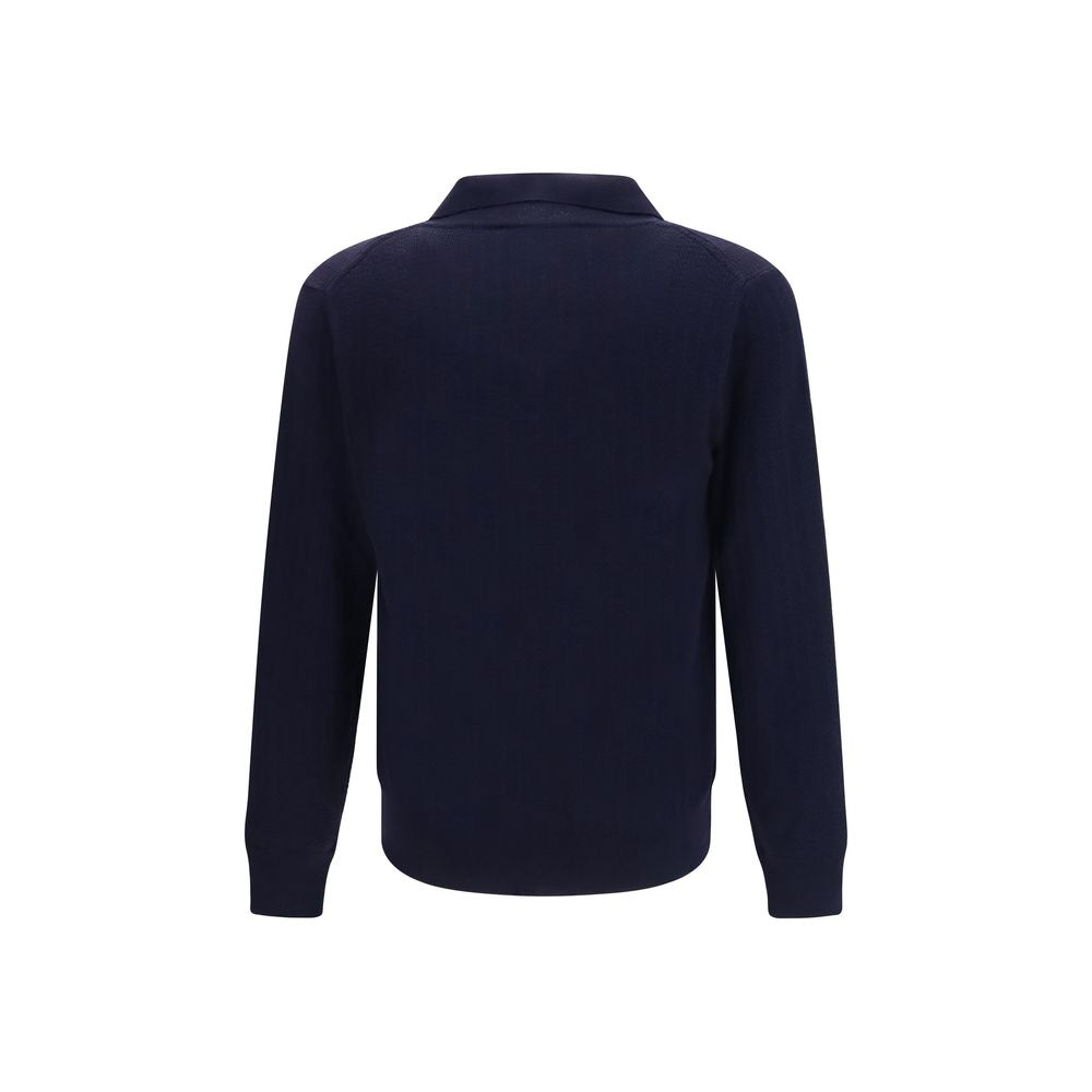 Cardigan by Brooksfield for men in virgin wool blue & natural features a dramatic silhouette, showcasing a sophisticated shawl-collar neckline and dramatic detail for a timeless, premium look.