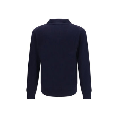 Cardigan by Brooksfield for men in virgin wool blue & natural features a dramatic silhouette, showcasing a sophisticated shawl-collar neckline and dramatic detail for a timeless, premium look.