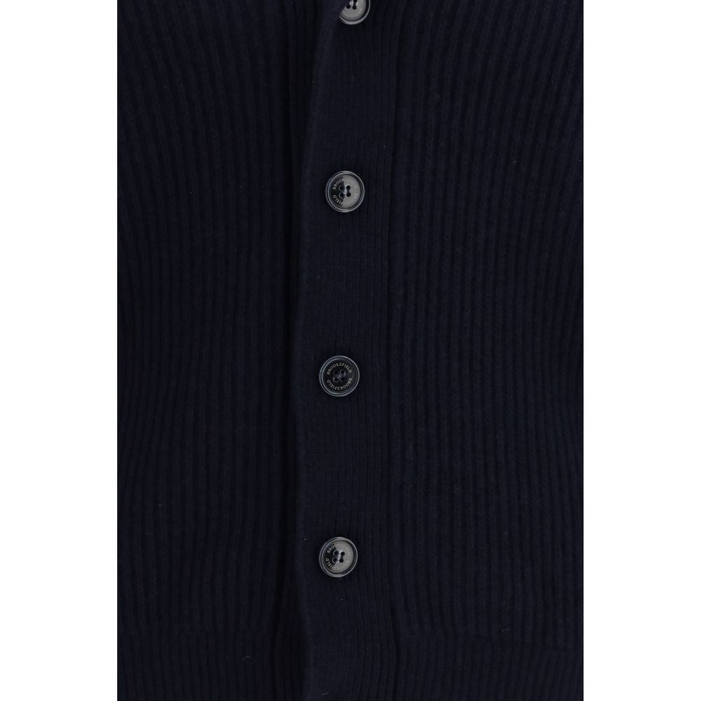 Cardigan by Brooksfield for men in virgin wool blue & natural features an crisp silhouette, showcasing a sophisticated shawl-collar neckline and detail for a truly crisp finish.