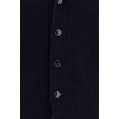 Cardigan by Brooksfield for men in virgin wool blue & natural features an crisp silhouette, showcasing a sophisticated shawl-collar neckline and detail for a truly crisp finish.