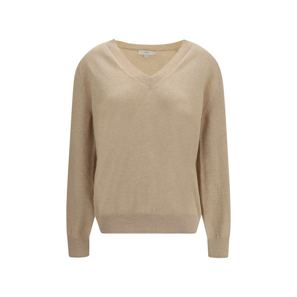 Sweater by Malo for women in cashmere & capra leather beige showcases a downtown chic silhouette, artfully finished with a downtown chic v-neck neckline and long-sleeve for a sophisticated, high-end look.
