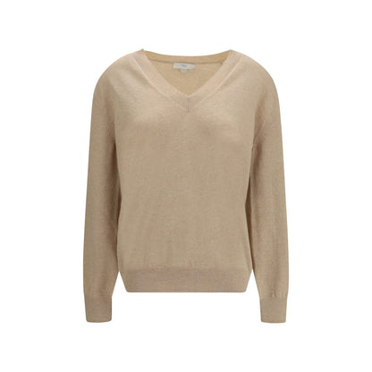 Sweater by Malo for women in cashmere & capra leather beige showcases a downtown chic silhouette, artfully finished with a downtown chic v-neck neckline and long-sleeve for a sophisticated, high-end look.