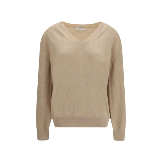 Sweater by Malo for women in cashmere & capra leather beige showcases a downtown chic silhouette, artfully finished with a downtown chic v-neck neckline and long-sleeve for a sophisticated, high-end look.