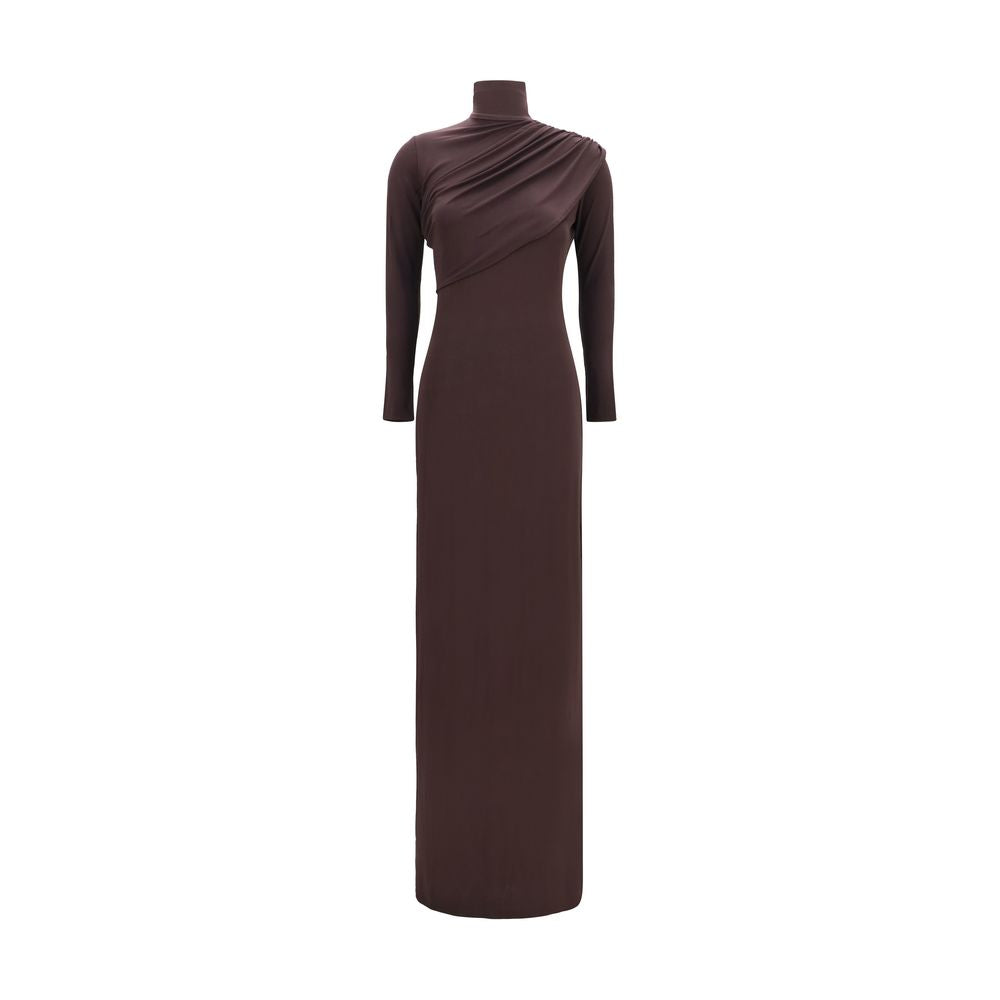 Dress by Courrèges for women in stretch viscose brown features an sultry silhouette defined by a high-neck neckline and long-sleeve, falling to an sultry long for a sultry look.