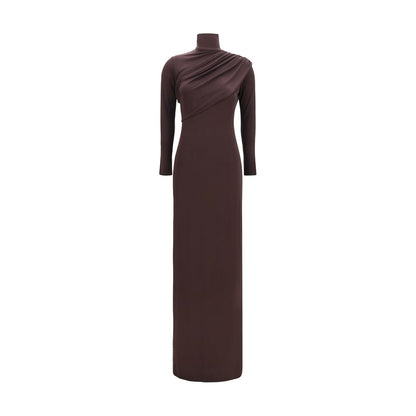 Dress by Courrèges for women in stretch viscose brown features an sultry silhouette defined by a high-neck neckline and long-sleeve, falling to an sultry long for a sultry look.