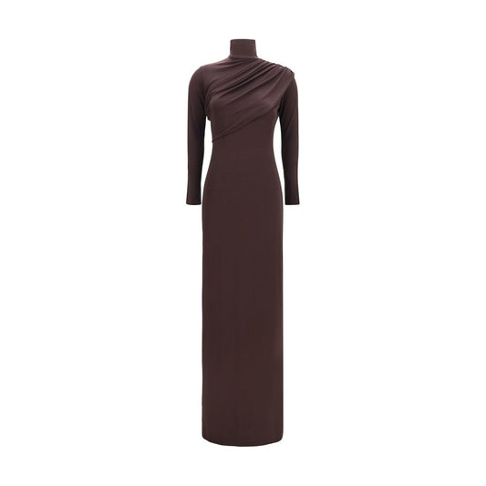 Dress by Courrèges for women in stretch viscose brown features an sultry silhouette defined by a high-neck neckline and long-sleeve, falling to an sultry long for a sultry look.