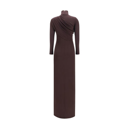 Dress by Courrèges for women in stretch viscose brown features an magnificent silhouette, artfully detailed with a magnificent high-neck neckline and that flows into an magnificent long.