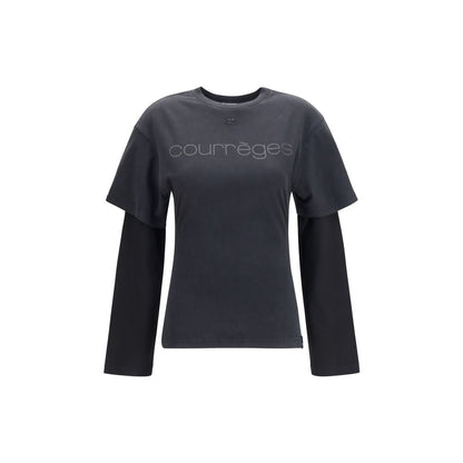 Activewear T-Shirt by Courrèges for women in cotton & acetate black & print features an contemporary design with , a short-sleeve; long-sleeve length, and a contemporary crew neckline.