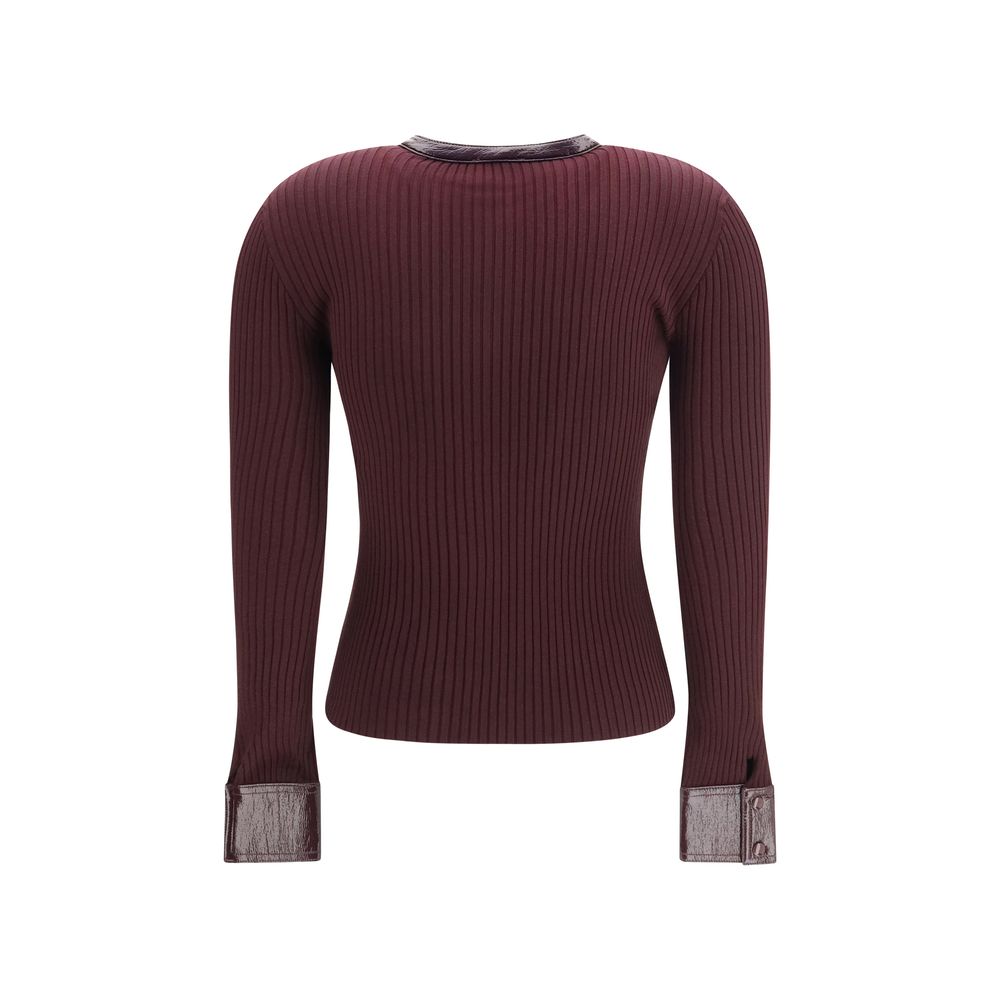 Cardigan by Courrèges for women in vinyl polyester viscose bordeaux features a dramatic silhouette, showcasing a sophisticated crew neckline and dramatic detail for a timeless, premium look.