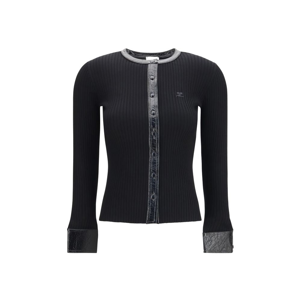 Cardigan by Courrèges for women in vinyl polyester viscose black features an impeccable silhouette, showcasing a sophisticated crew neckline and long-sleeve detail for a truly impeccable finish.