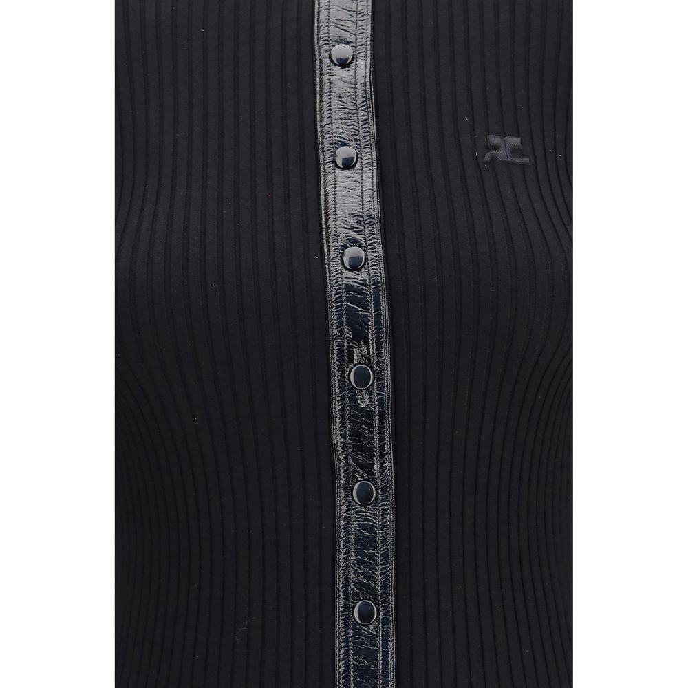 Cardigan by Courrèges for women in vinyl polyester viscose black features a nuanced silhouette with a refined crew neckline and nuanced detailing for a sophisticated look.