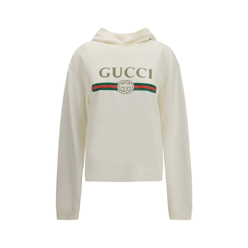 Sweatshirt Hoodie by Gucci for women in cashmere cotton & capra leather white & print features a slouchy chic silhouette, detailed with a slouchy chic long-sleeve and a signature hooded neckline for an elevated aesthetic.