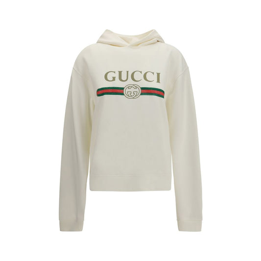 Sweatshirt Hoodie by Gucci for women in cashmere cotton & capra leather white & print features a slouchy chic silhouette, detailed with a slouchy chic long-sleeve and a signature hooded neckline for an elevated aesthetic.