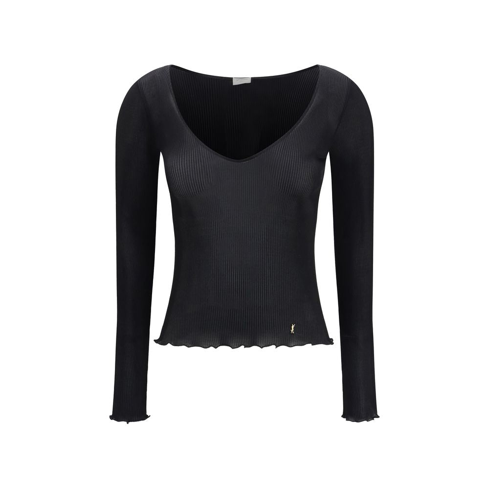 Blouse by Saint Laurent for women in silk black presents a discerning silhouette, showcasing a sophisticated v-neck neckline and for a truly discerning finish.