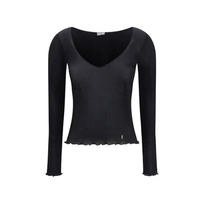 Blouse by Saint Laurent for women in silk black presents a discerning silhouette, showcasing a sophisticated v-neck neckline and for a truly discerning finish.