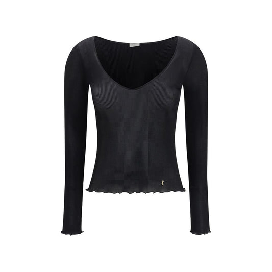 Blouse by Saint Laurent for women in silk black presents a discerning silhouette, showcasing a sophisticated v-neck neckline and for a truly discerning finish.