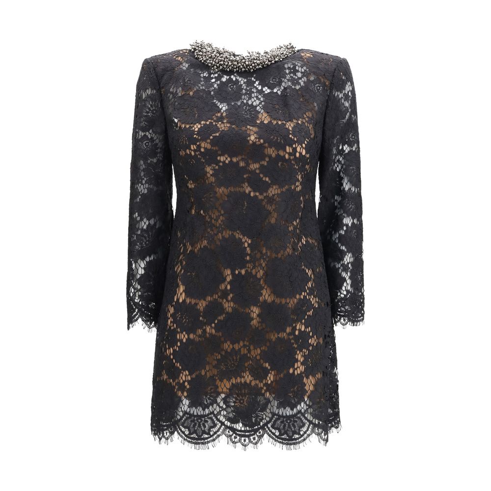 Dress by Self-Portrait for women in polyamide viscose & cotton black showcases a striking silhouette, elegantly detailed with a long-sleeve, refined crew neckline, and a striking short mini for a striking finish.
