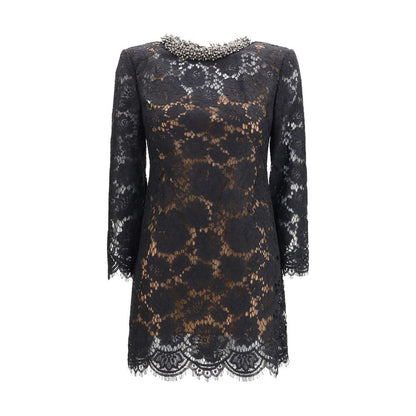 Dress by Self-Portrait for women in polyamide viscose & cotton black showcases a striking silhouette, elegantly detailed with a long-sleeve, refined crew neckline, and a striking short mini for a striking finish.
