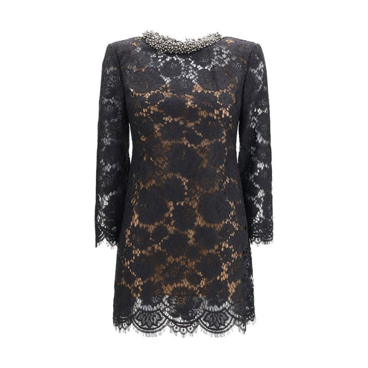 Dress by Self-Portrait for women in polyamide viscose & cotton black showcases a striking silhouette, elegantly detailed with a long-sleeve, refined crew neckline, and a striking short mini for a striking finish.