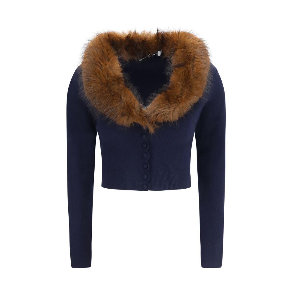 Cardigan by Self-Portrait for women in polyamide capra leather & faux fur blue presents a textural silhouette, artfully finished with a textural and long-sleeve for a sophisticated, textural look.
