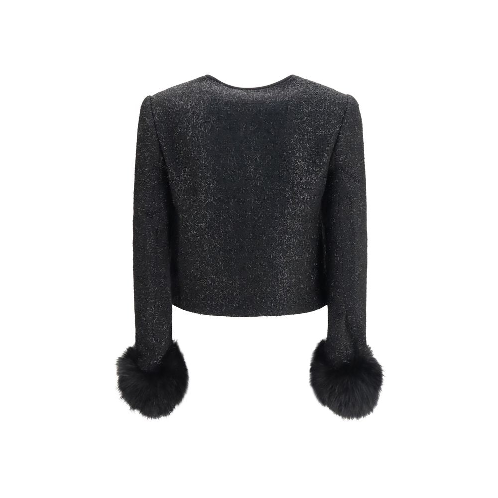 Jacket by Self-Portrait for women in polyester acrylic wool & faux fur black features an utilitarian silhouette with a refined , showcasing sophisticated pockets & insulated for an utilitarian aesthetic.