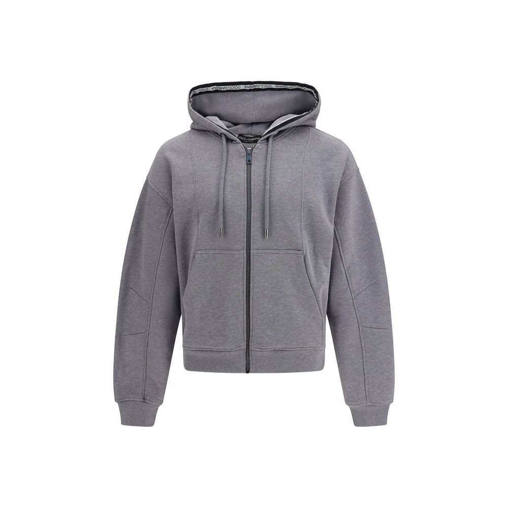 Sweatshirt Hoodie by Dolce & Gabbana for men in cotton gray features an dramatic silhouette, showcasing a sophisticated hooded neckline and dramatic for a refined, modern aesthetic.