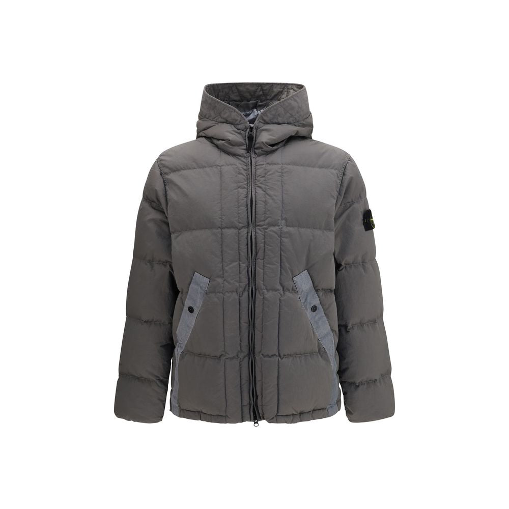 Hooded Puffer Jacket by Stone Island for men in nylon & duck-down bicolour features a dramatic silhouette, showcasing a sophisticated hooded neckline and distinctive pockets, hooded & insulated for a dramatic aesthetic.