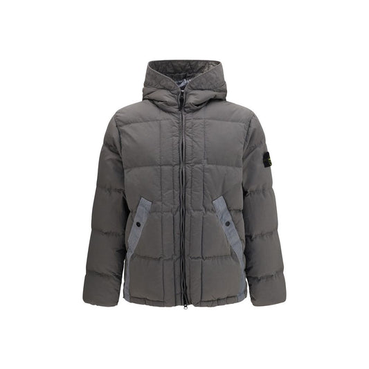 Hooded Puffer Jacket by Stone Island for men in nylon & duck-down bicolour features a dramatic silhouette, showcasing a sophisticated hooded neckline and distinctive pockets, hooded & insulated for a dramatic aesthetic.