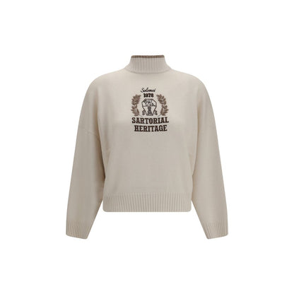 Sweater by Brunello Cucinelli for women in cashmere & capra leather white showcases a discreet silhouette, finished with a discreet high-neck neckline and long-sleeve for a discreet look.
