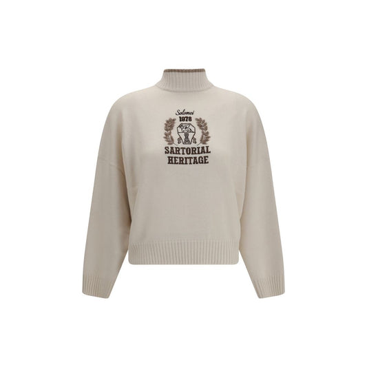 Sweater by Brunello Cucinelli for women in cashmere & capra leather white showcases a discreet silhouette, finished with a discreet high-neck neckline and long-sleeve for a discreet look.