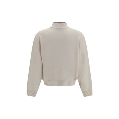 Sweater by Brunello Cucinelli for women in cashmere & capra leather white showcases a sumptuous silhouette, artfully finished with a sumptuous high-neck neckline and for a sophisticated, sumptuous look.