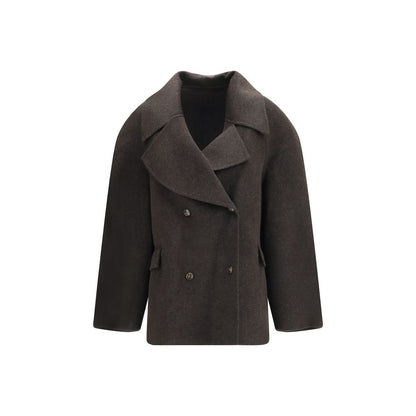 Overcoat by Loulou De Saison for women in cashmere wool & capra leather brown features an voluminous silhouette, showcasing distinct pockets and a voluminous for a truly voluminous aesthetic.