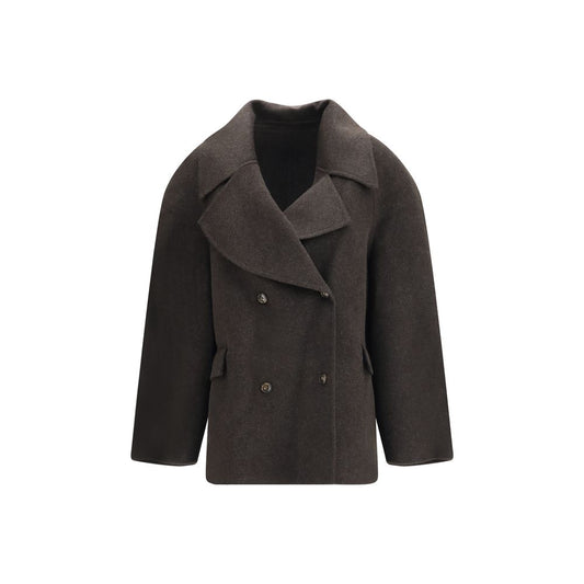 Overcoat by Loulou De Saison for women in cashmere wool & capra leather brown features an voluminous silhouette, showcasing distinct pockets and a voluminous for a truly voluminous aesthetic.