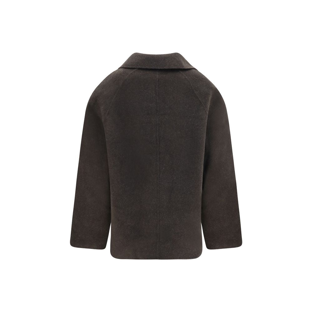 Overcoat by Loulou De Saison for women in cashmere wool & capra leather brown presents a luxurious silhouette, showcasing a luxurious and sophisticated pockets for a premium, luxurious look.