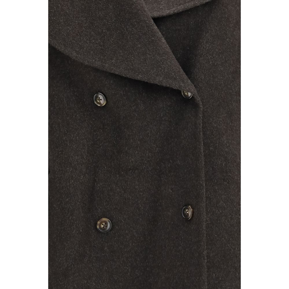 Overcoat by Loulou De Saison for women in cashmere wool & capra leather brown features an satoral silhouette, showcasing a sophisticated and satoral pockets for a premium, timeless look.
