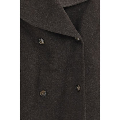 Overcoat by Loulou De Saison for women in cashmere wool & capra leather brown features an satoral silhouette, showcasing a sophisticated and satoral pockets for a premium, timeless look.