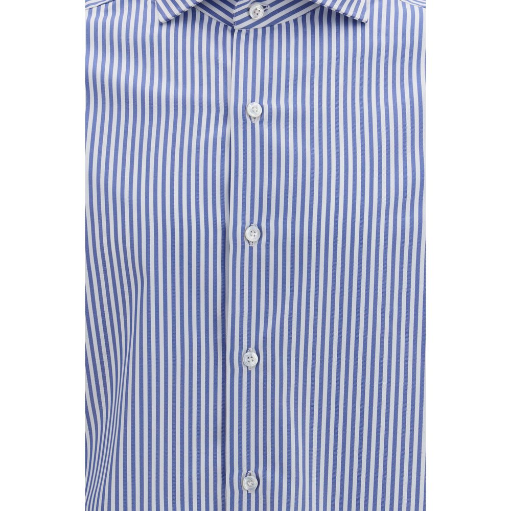 Shirt by Finamore for men in cotton blue, patterned, signature & striped showcases a sublime silhouette, artfully detailed with a sublime and for a sophisticated, sublime finish.
